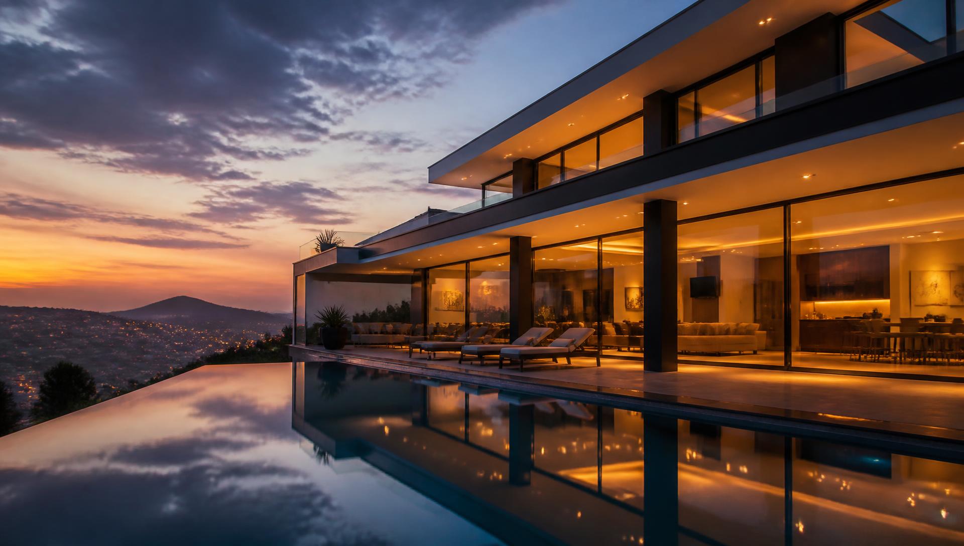 A contemporary luxury residence at dusk